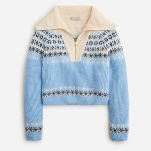 J. Crew Fair Isle Half Zip Sweater in Tundra Buttercream Black Brushed Yarn